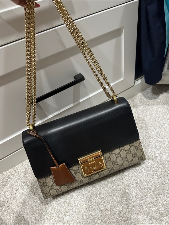 Gucci Handbags - Gucci Black, Beige & Brown GG Canvas Shoulder Bag with Gold Hardware